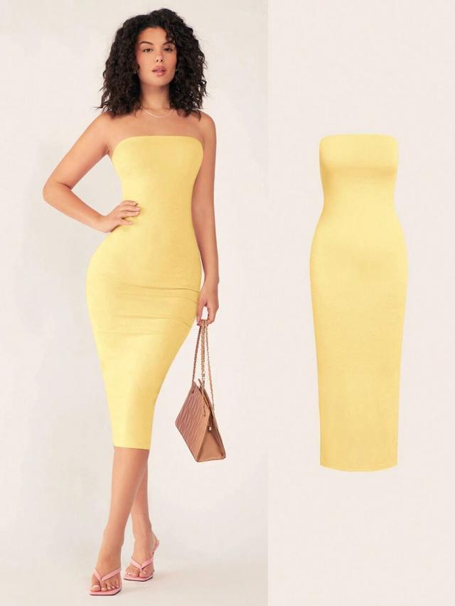 yellow strapless bodycon midi dress