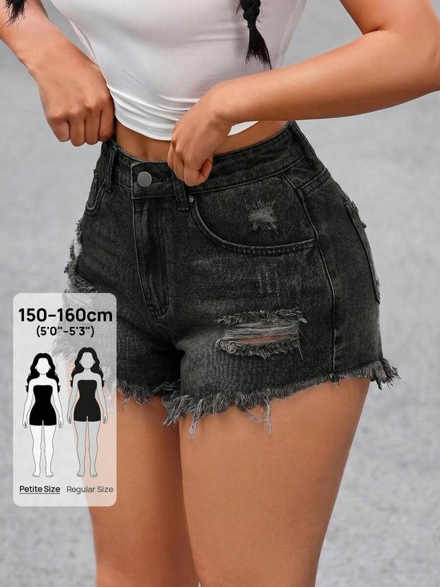 black distressed frayed hem denim shorts