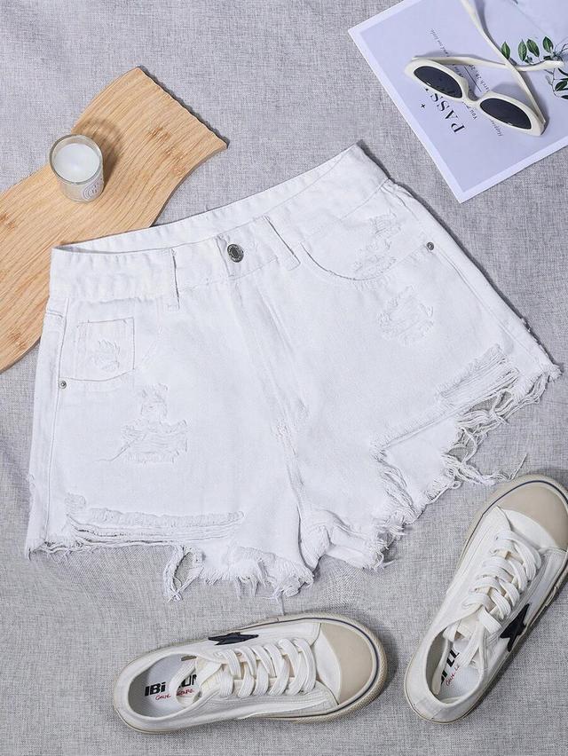 solid white frayed denim distressed shorts
