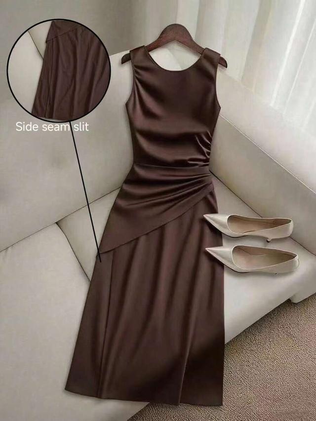 brown satin waist ruched sleeveless midi dress