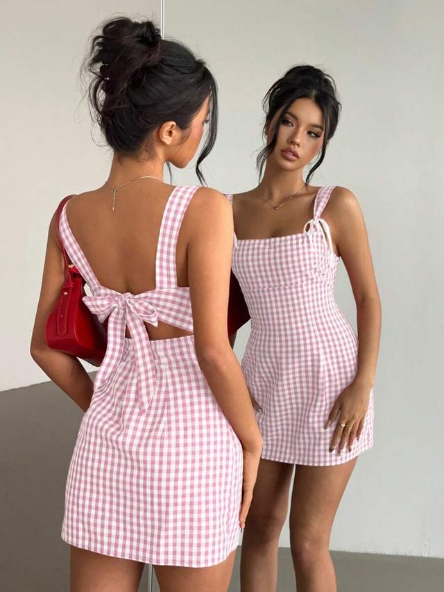 pink and white plaid mini camisole bodycon dress