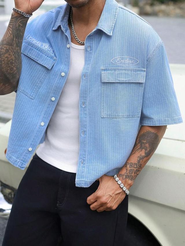 striped blue denim short sleeve shirt with embroidery