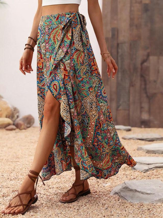 printed paisley side knot wrap maxi skirt