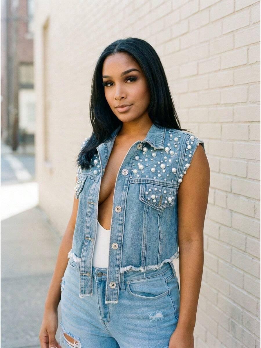 light blue washed beaded denim vest with raw edge