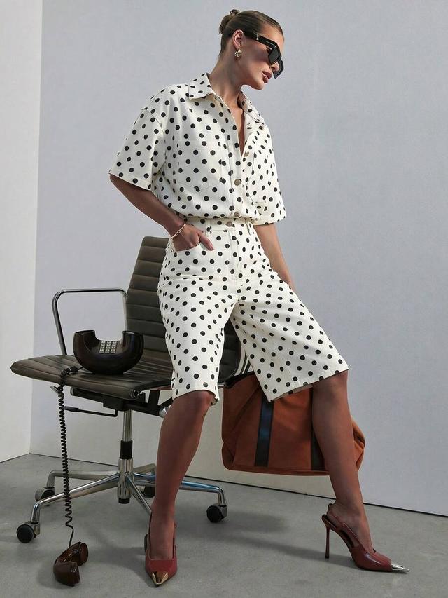 polka dot relaxed fit denim short sleeve jumpsuit