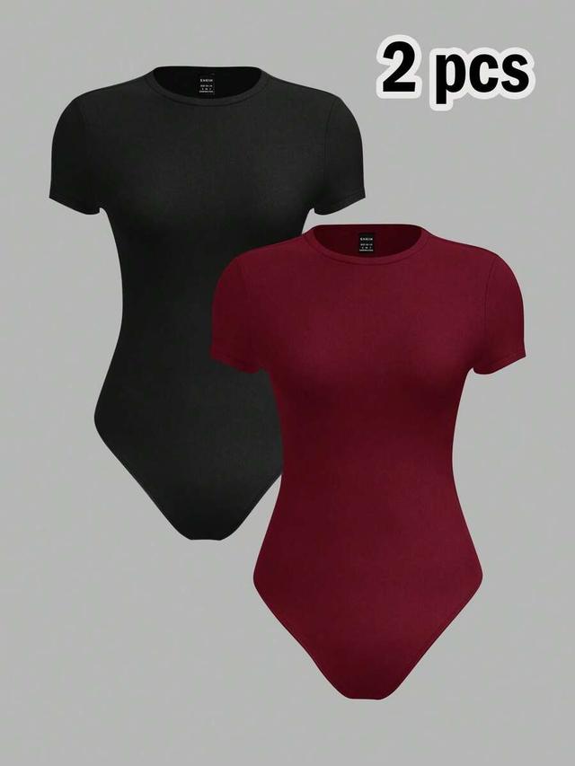 burgundy minimalist short sleeve crew neck bodysuit set