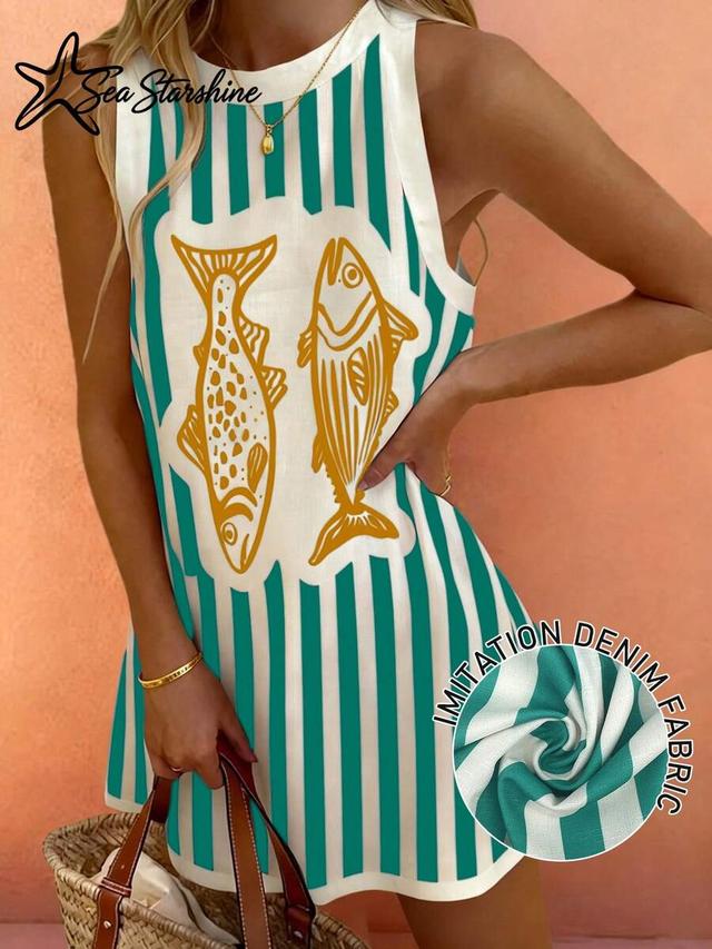 starfish shiny striped fish print sleeveless beach dress