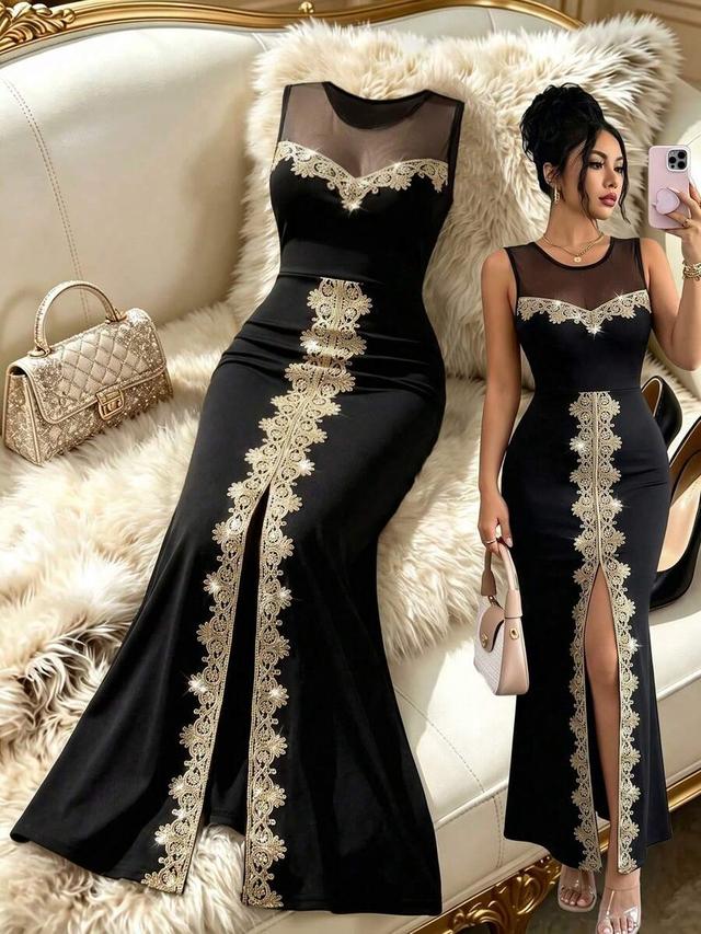 elegant black floor length dress with gold lace trim