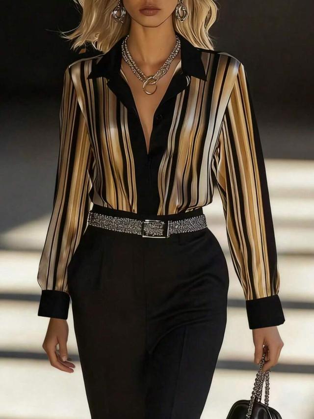 women's striped satin long sleeve office blouse