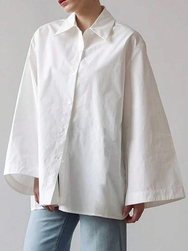women's elegant solid white casual turndown collar shirt
