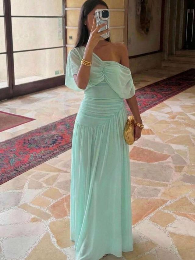 elegant mint green mesh ruched asymmetric off-shoulder dress