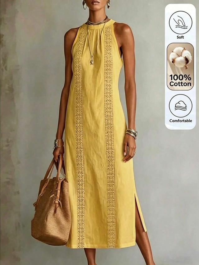 yellow linen sleeveless midi dress with geometric embroidery