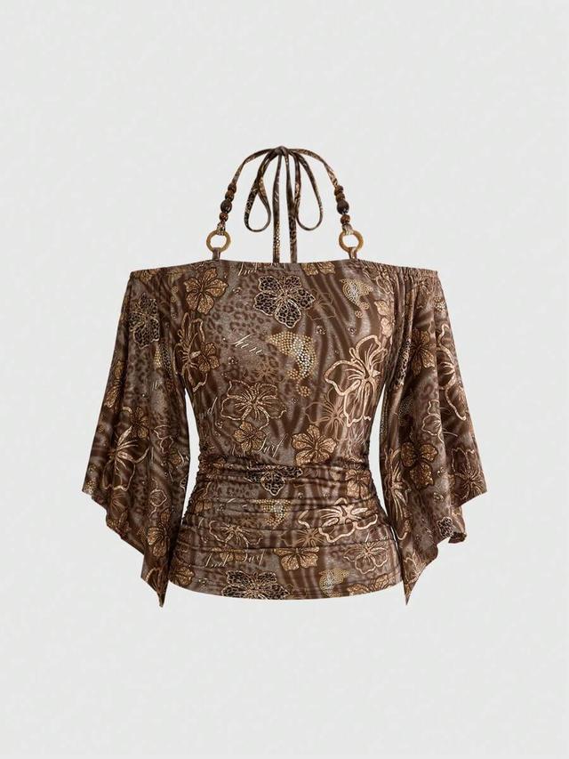 brown floral print halterneck batwing sleeve top