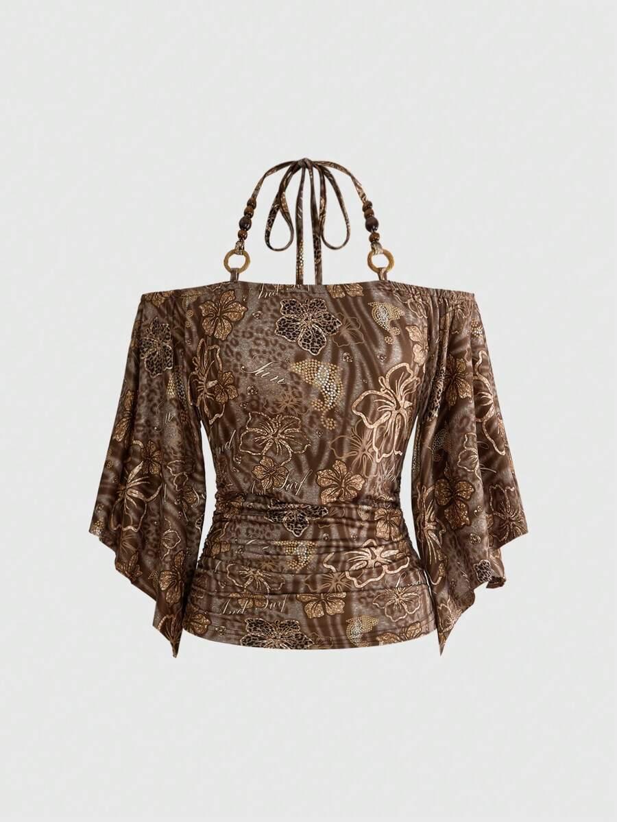 brown floral print halterneck batwing sleeve top