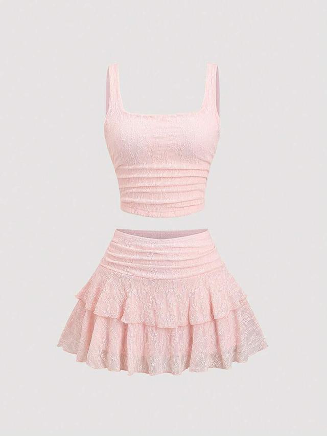 pink lace tiered mini skirt set