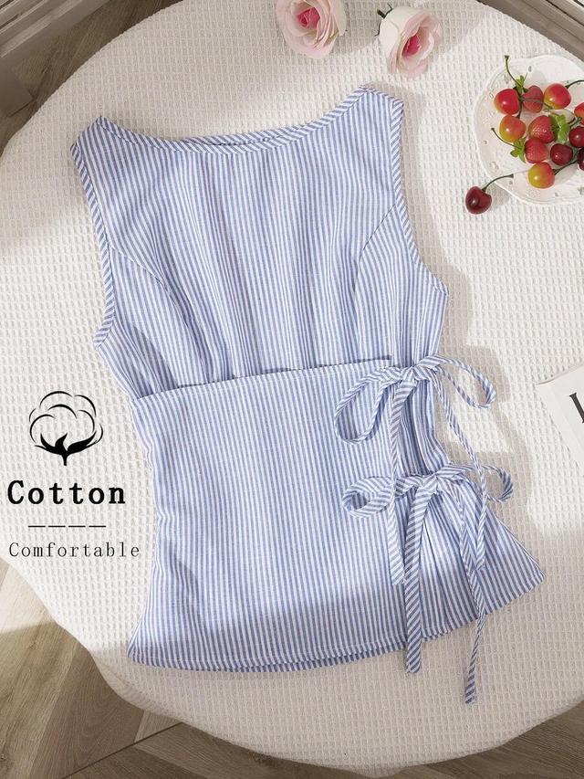 blue and white striped cotton tie-up sleeveless blouse
