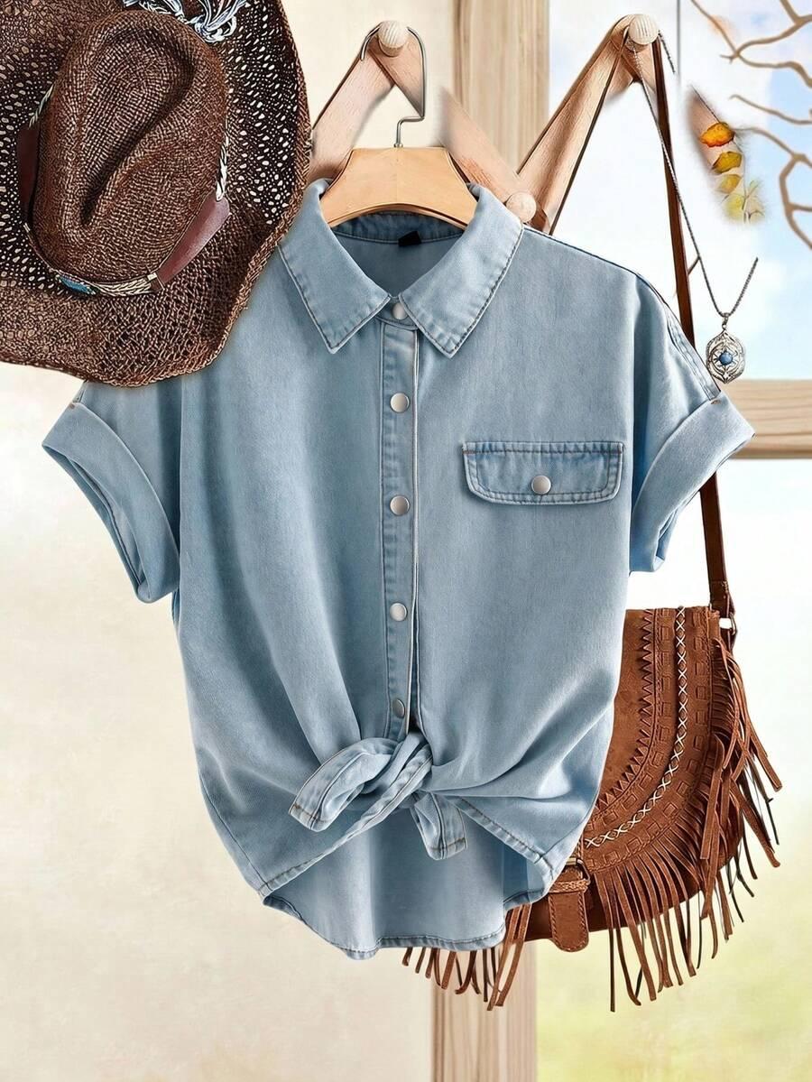 light wash denim tie-front short sleeve shirt