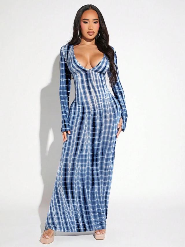 blue tie-dye long sleeve bodycon maxi dress