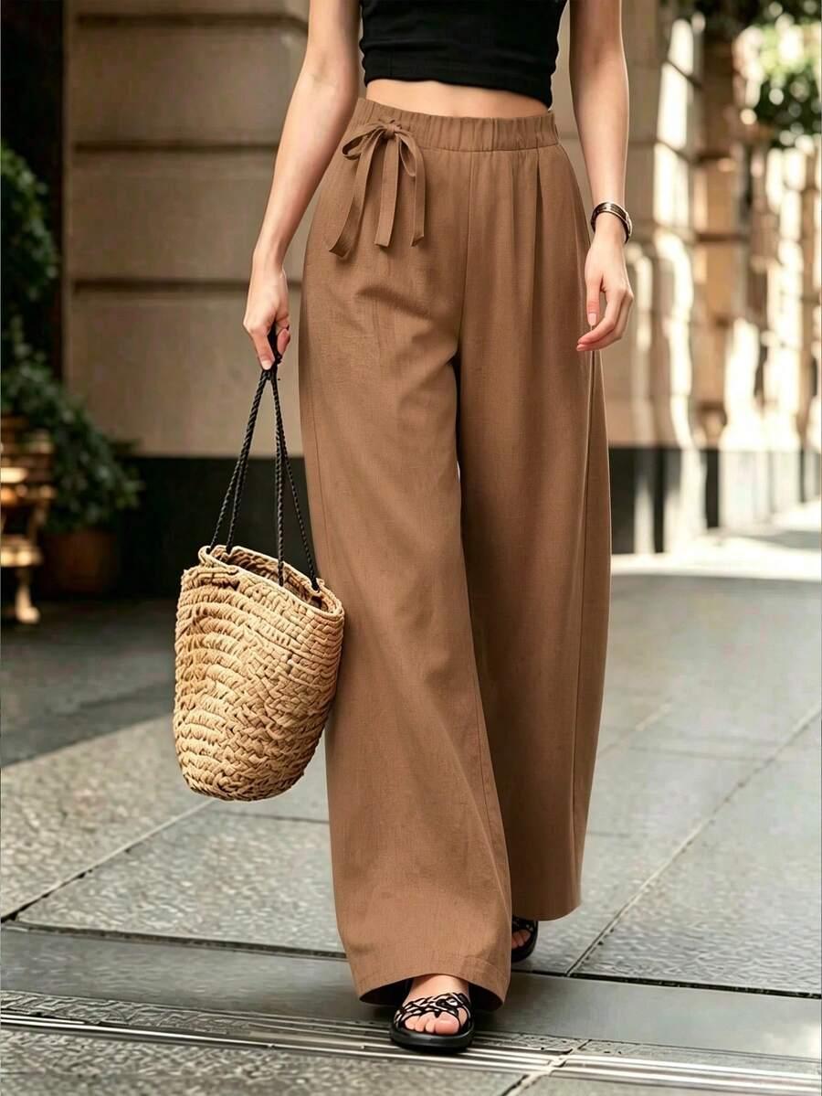 women's versatile linen wide leg capri pants brown