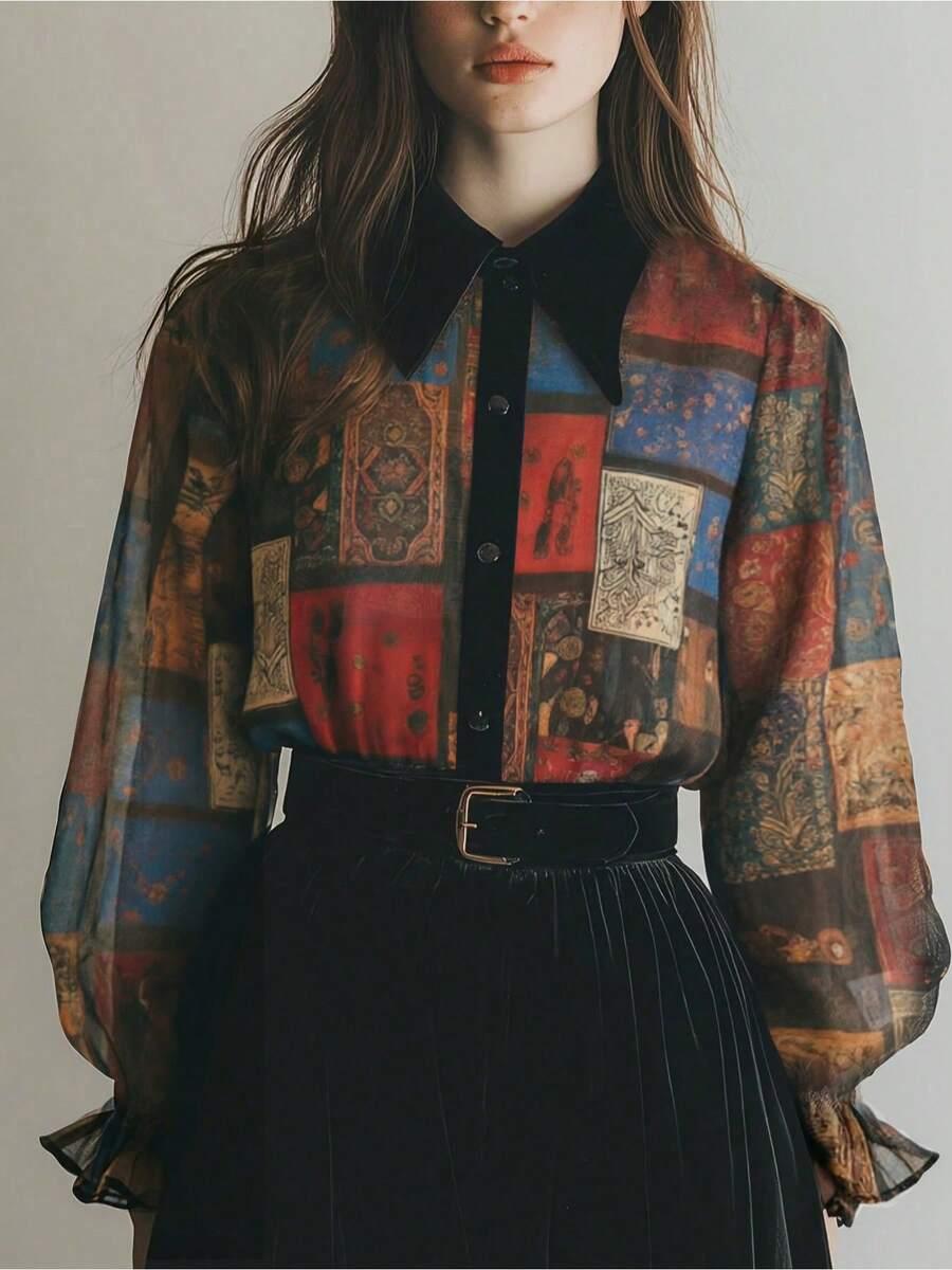 exotic totem patchwork chiffon blouse with contrast collar