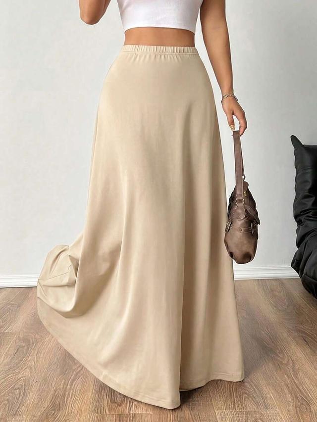 minimalist khaki elastic waist a-line long skirt
