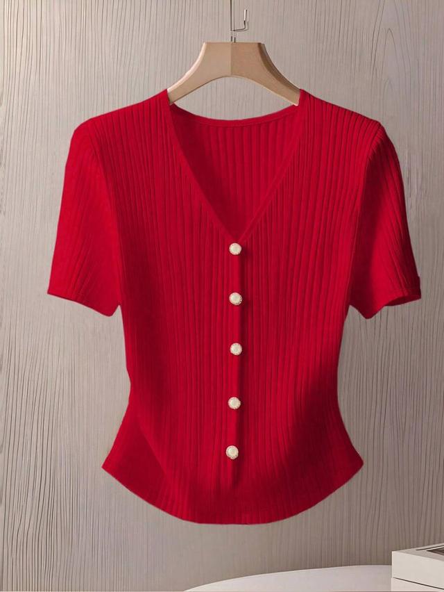 red ribbed short sleeve button front top