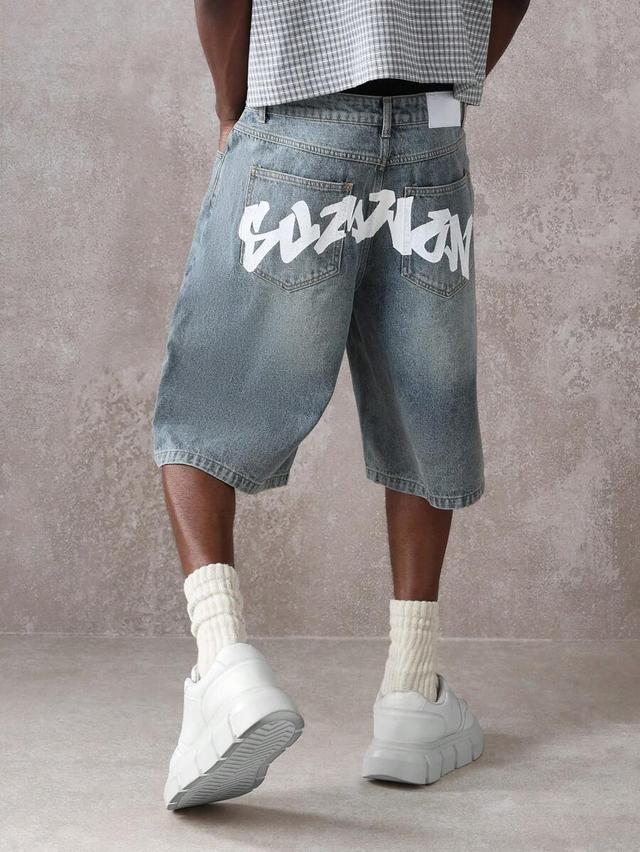 vintage graffiti print baggy denim shorts