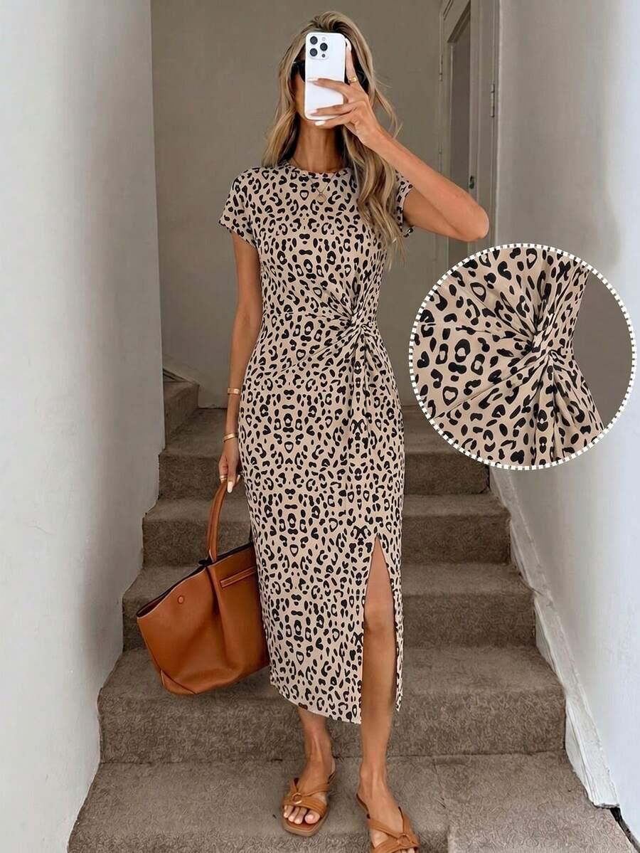 leopard print bodycon midi dress with side twist
