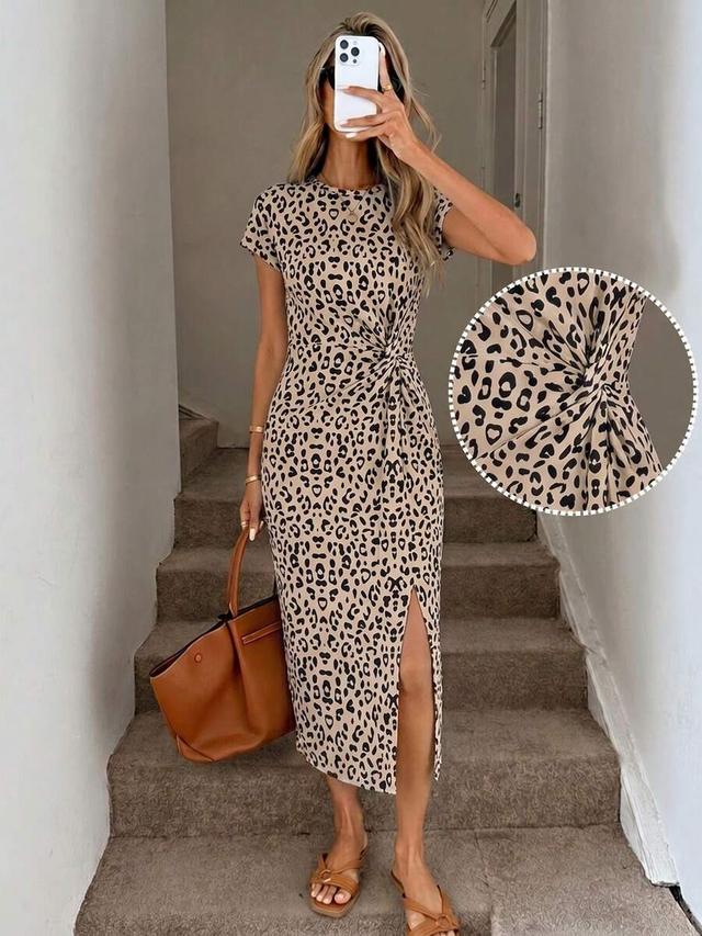 leopard print bodycon midi dress with side twist