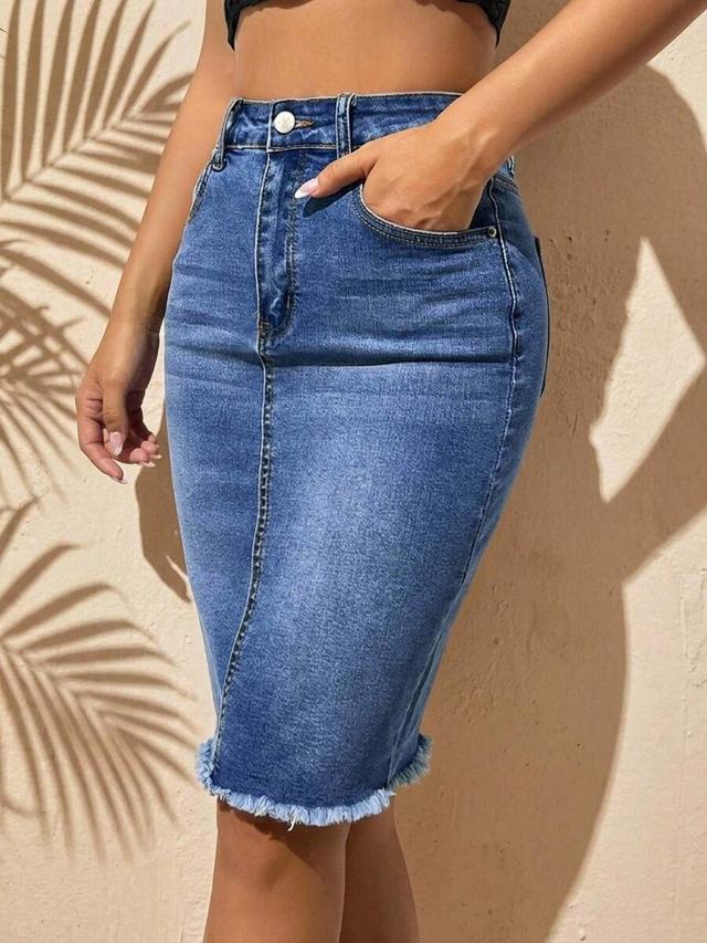 high-waisted blue denim pencil skirt with raw hem