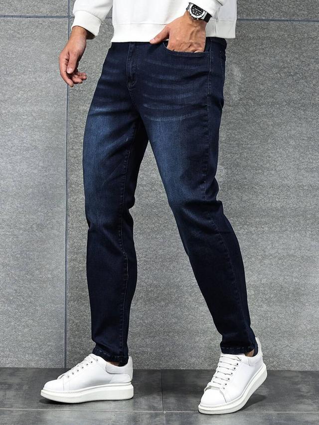 navy blue washed slim fit denim jeans