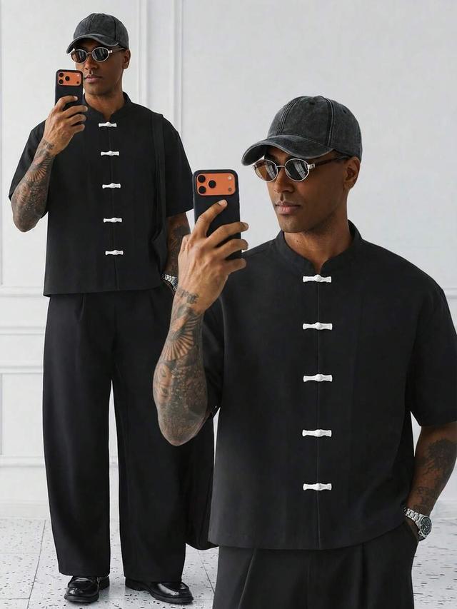 hueform men's black stand collar cropped button-down shirt