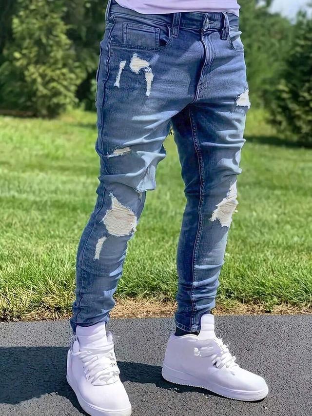 men's blue elastic slim fit distressed denim jeans
