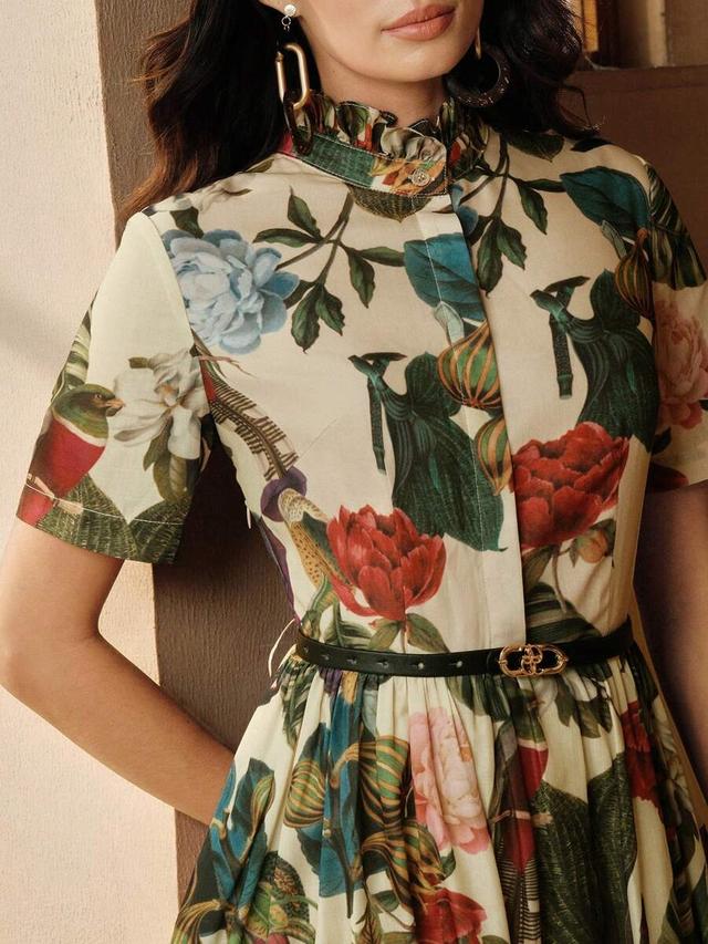 floral print short sleeve a-line dress with ruffle collar