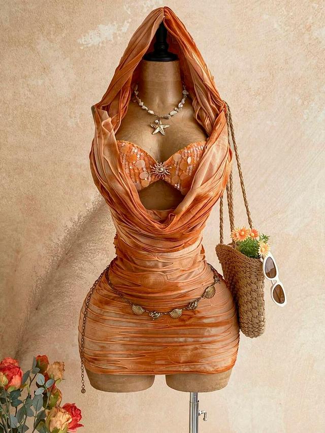 hooded sequin cowl neck bustier mini dress