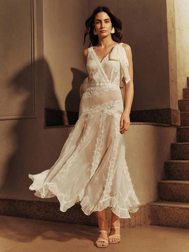 delicate lace trim patchwork flowy romantic white dress