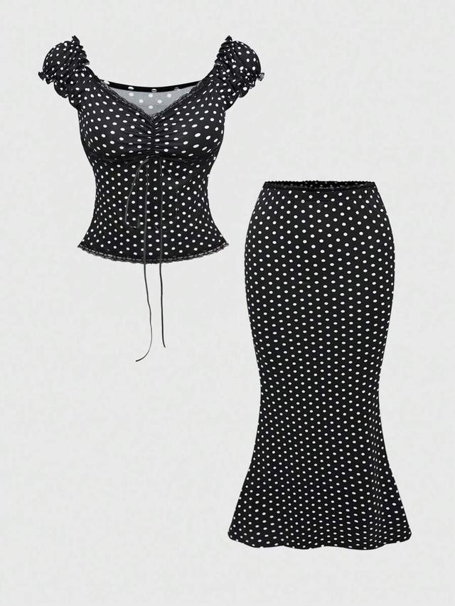 polka dot lace panel v-neck bowknot top