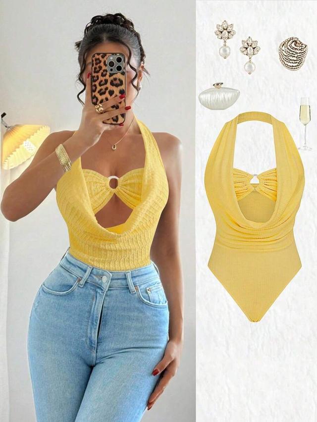 french cream yellow textured spaghetti strap backless bodysuit