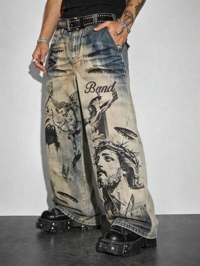 washed vintage angel graphic wide leg denim jeans