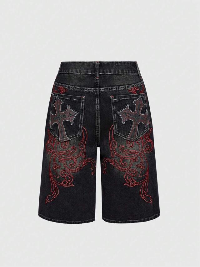 black denim shorts with red gothic embroidery