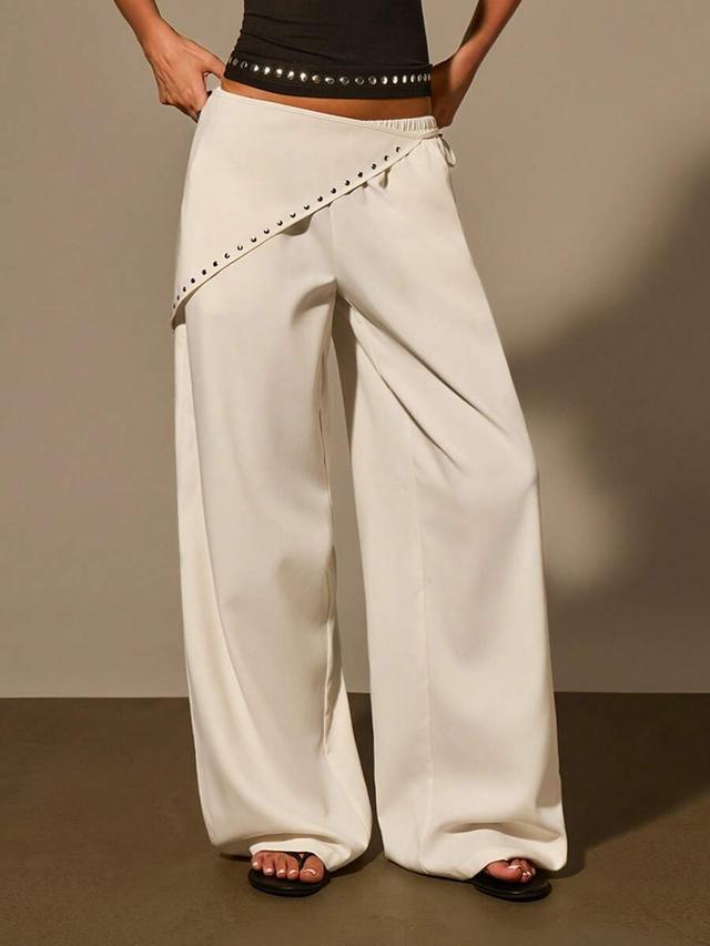 solid color wide leg trousers with rhinestone trim