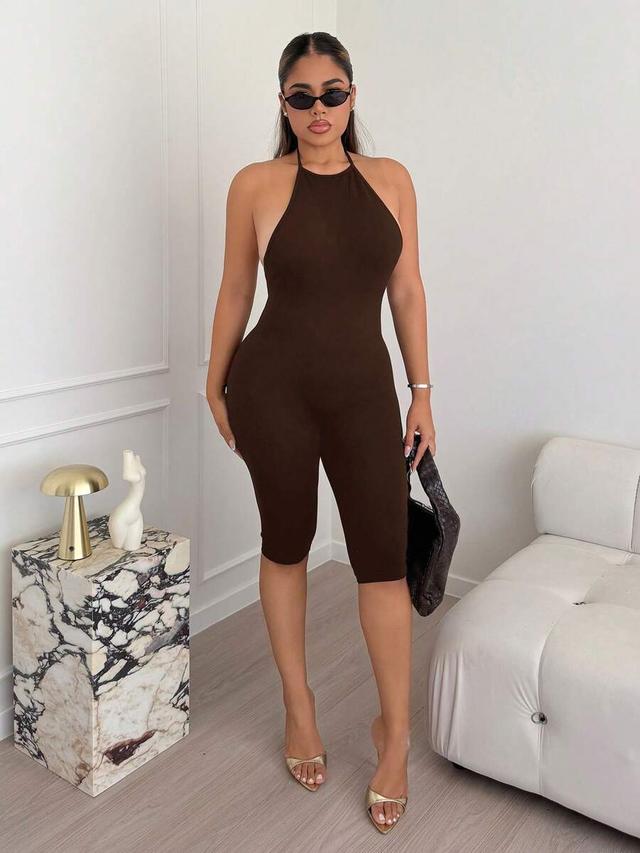 mocha brown knitted halter neck backless short unitard
