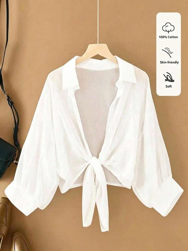 white casual loose fit tie-up long sleeve shirt