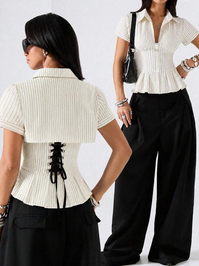 striped waist-cinched pleated hem shirt