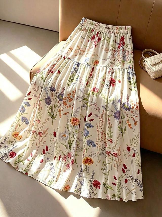 floral print elastic waist pleated maxi skirt