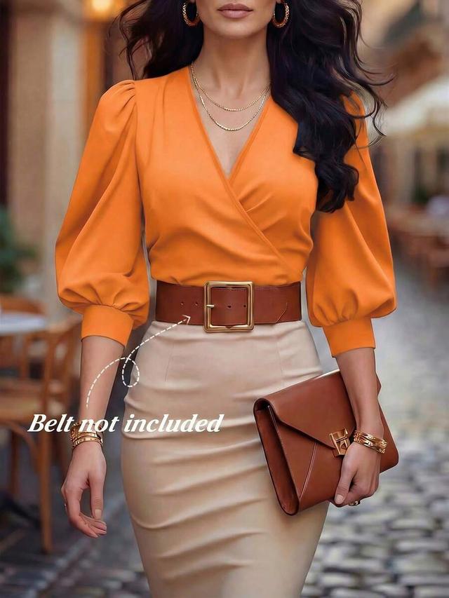 elegant orange colorblock v neck wrap blouse