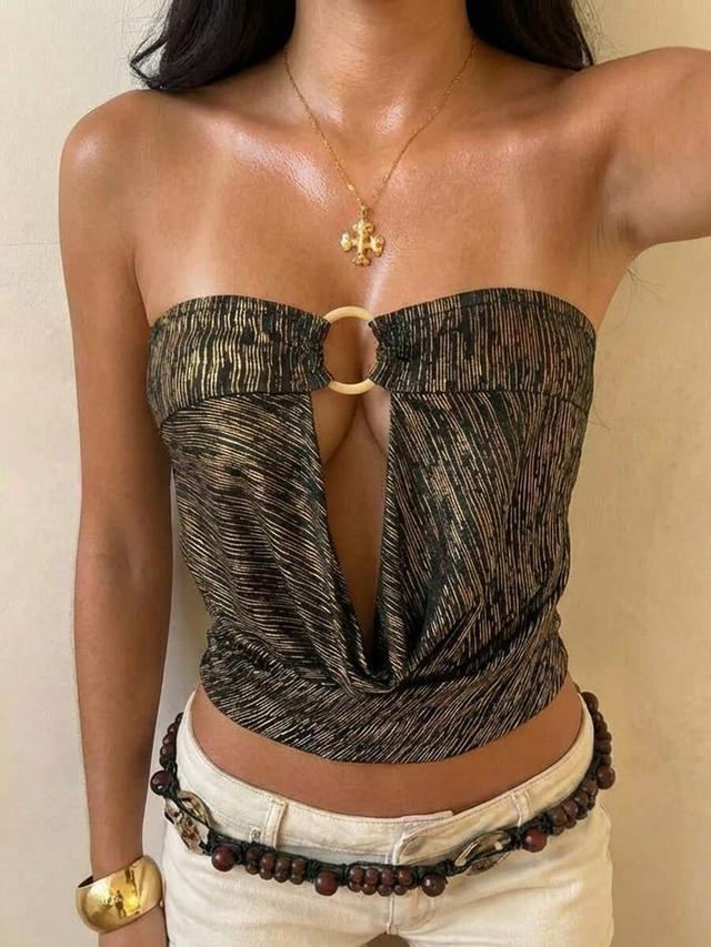 black and gold foil print strapless cutout top