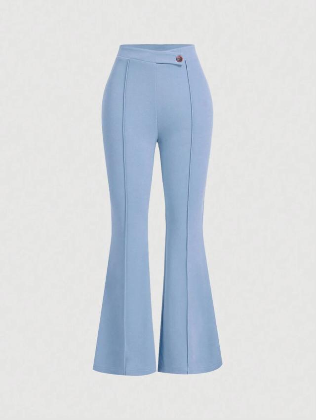 high waist flare leg blue pleated trousers