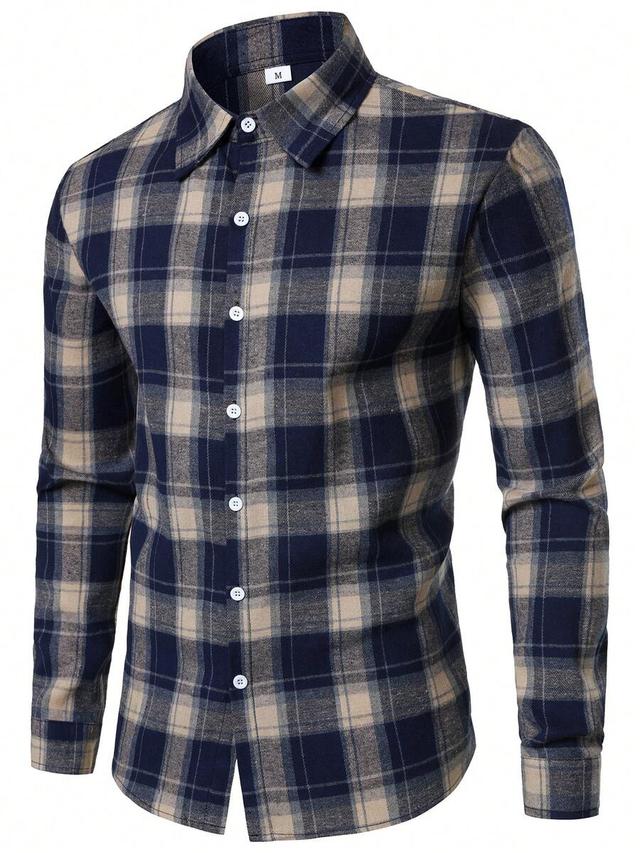 men's navy and beige plaid flannel button-up shirt