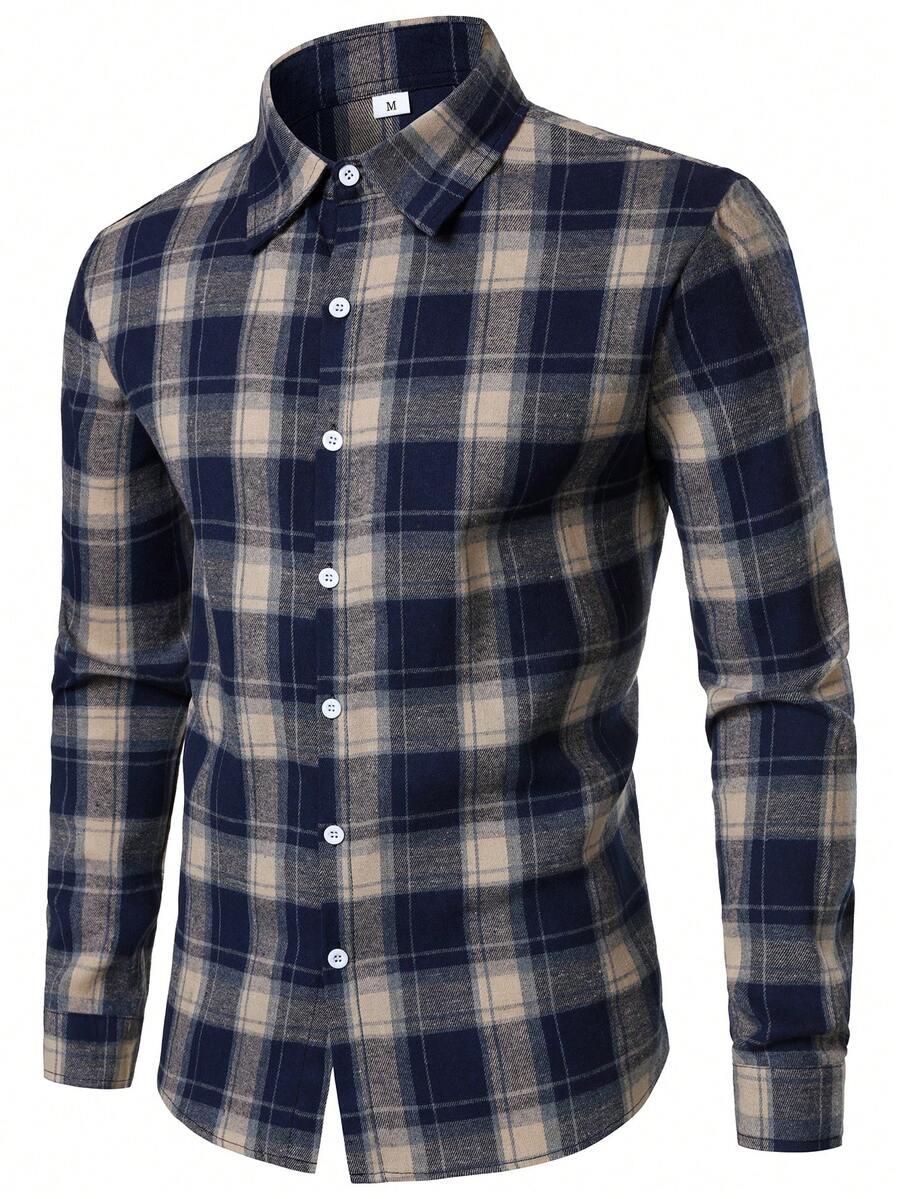men's navy and beige plaid flannel button-up shirt